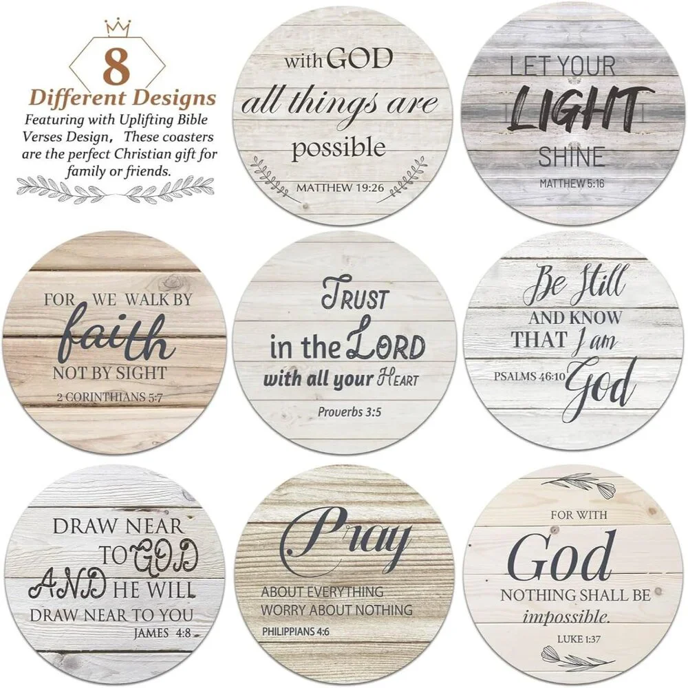 Ceramic Coasters with Bible Verses, Christian Coasters Set of 8 with Holder, Abs